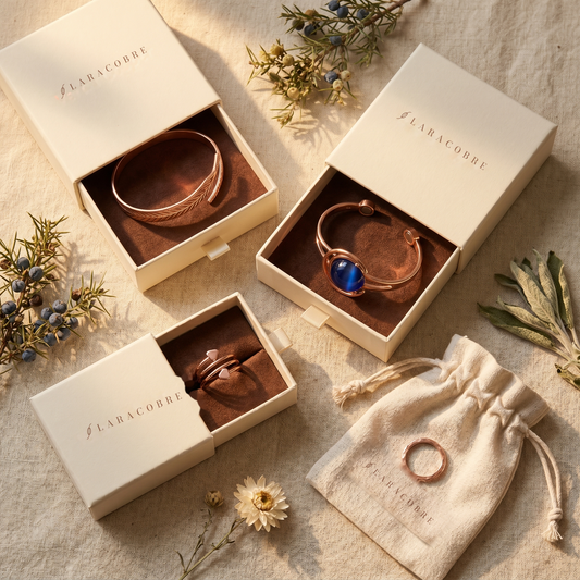 Pack de 3 piezas de Lara Cobre: dos pulseras y un anillo de cobre en sus cajas y bolsita de tela